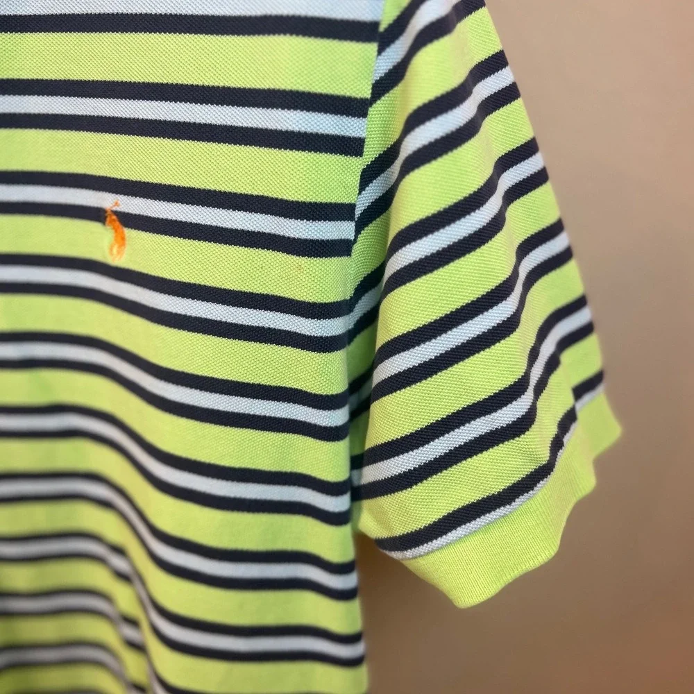 Polo Ralph Lauren Mens Large Lime Green Navy Blue Striped Cotton Polo Shirt L